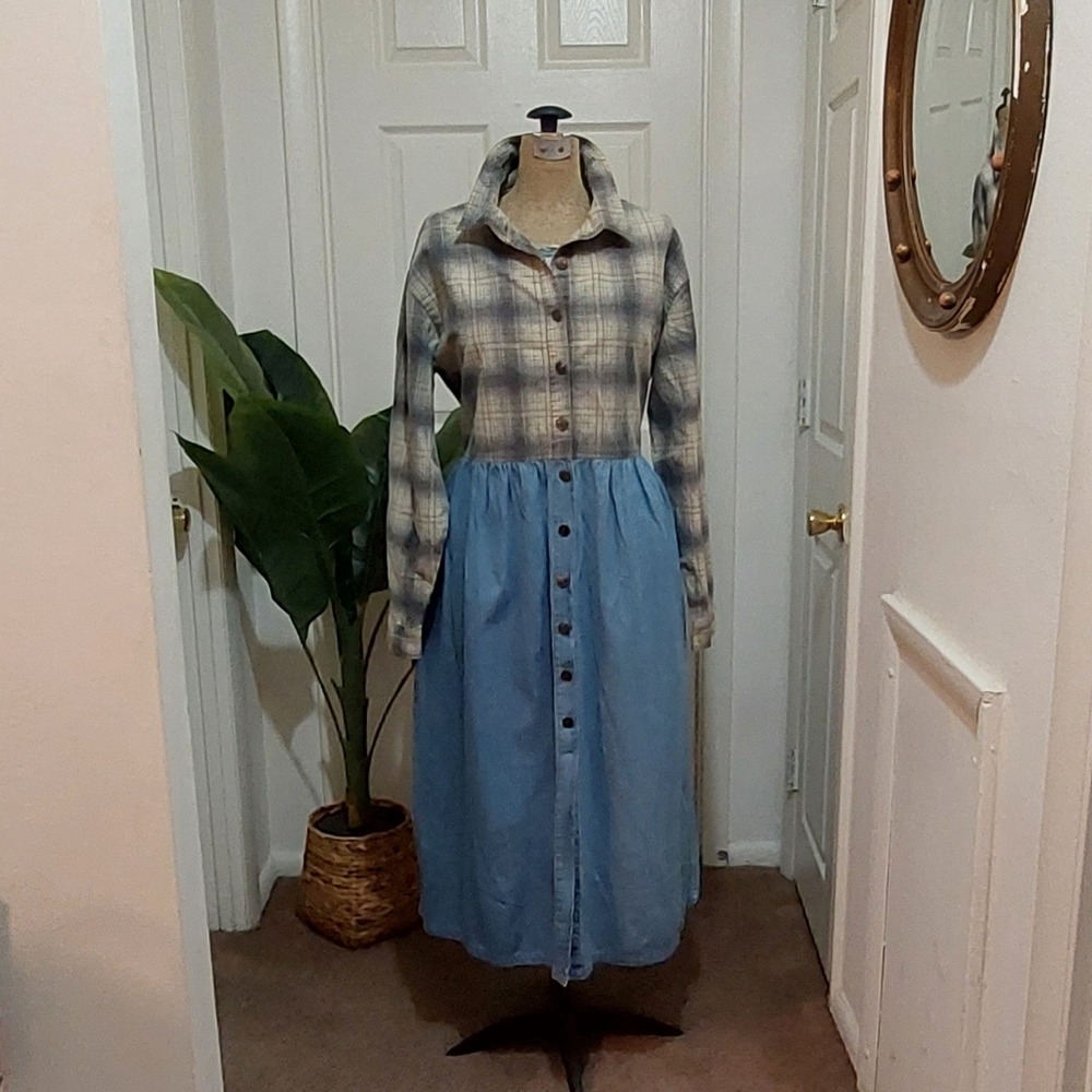 Rafaella Plaid and Blue & Denim Midi Dress Size 14